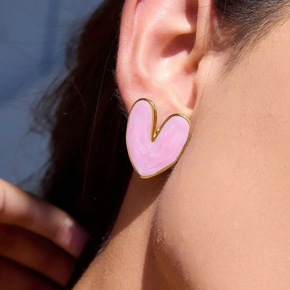 Pink Enamel Heart Earrings (7000)